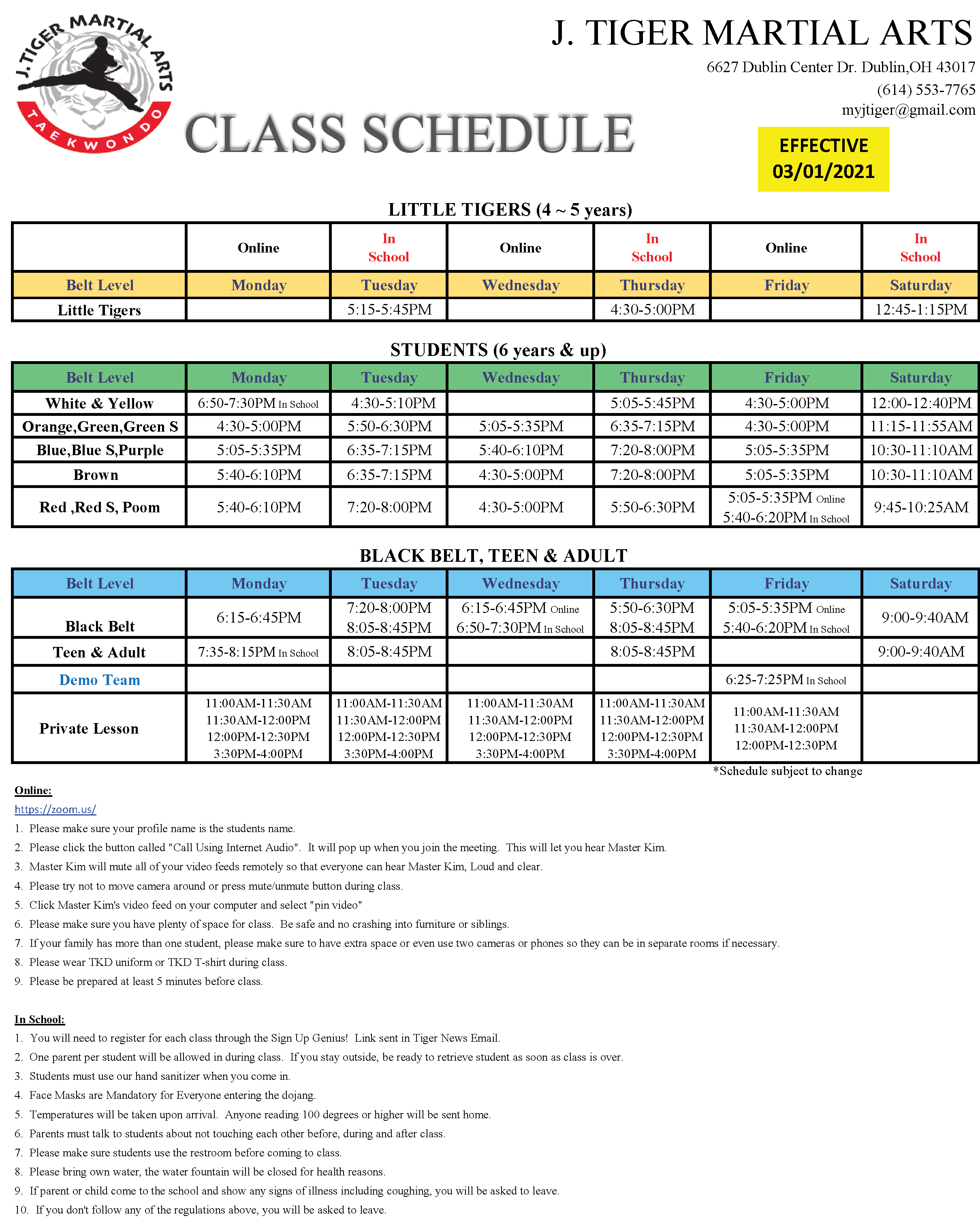 J Tiger Taekwondo Class Schedule J Tiger Martial Arts